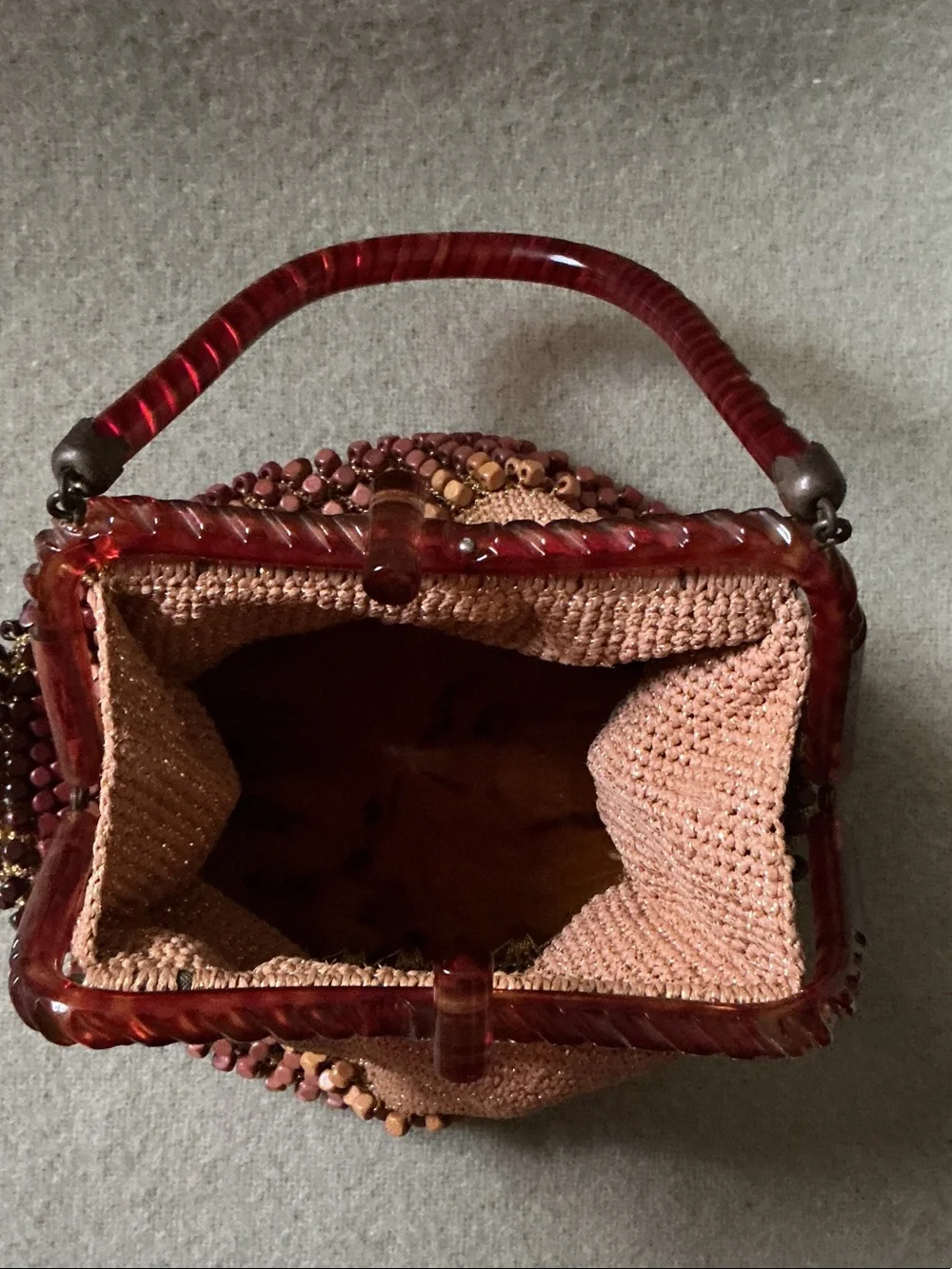 Hand Crafted Pink and Brown Beaded Wristlet with Tortoiseshell Handle